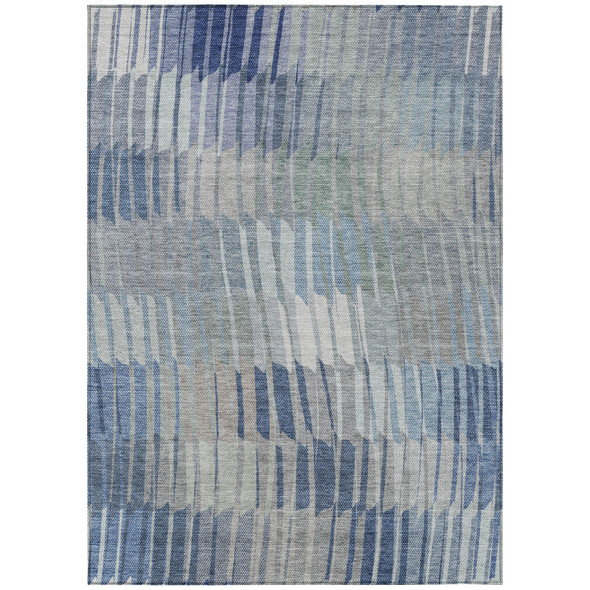 8' X 10' Denim Blue And Ivory Striped Washable Indoor Outdoor Area Rug
