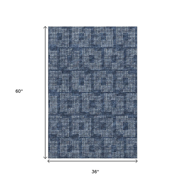 3' X 5' Blue And Ivory Geometric Washable Indoor Outdoor Area Rug