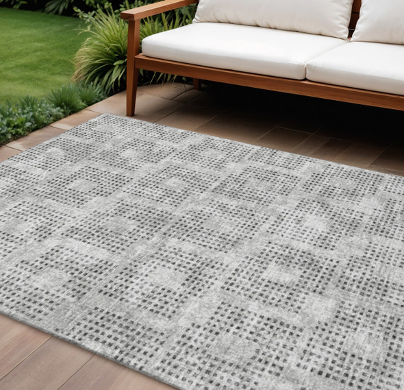 9' X 12' Gray And Charcoal Geometric Washable Indoor Outdoor Area Rug