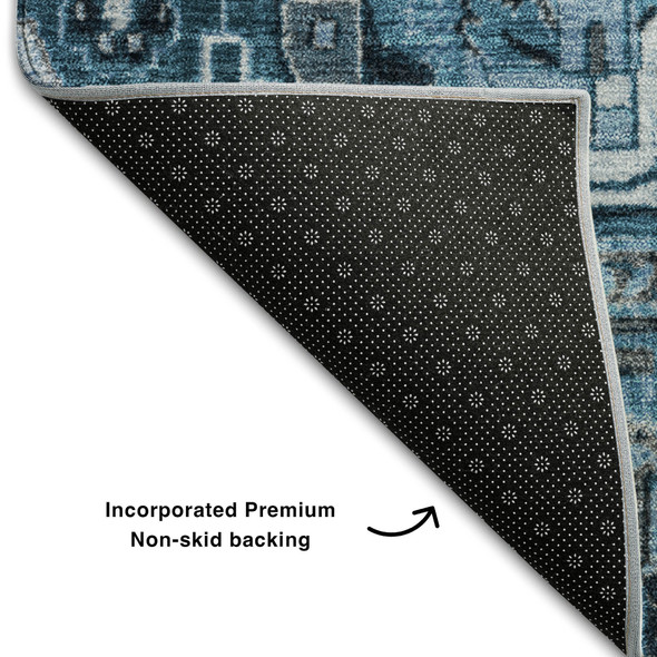8' Blue And Ivory Oriental Washable Round Rug With UV Protection