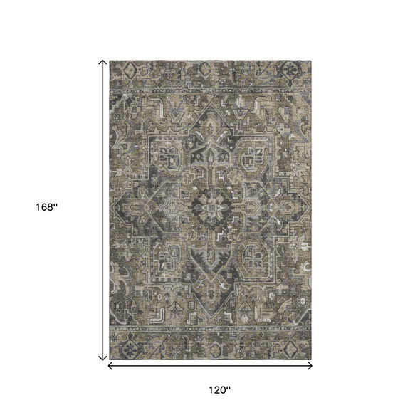 10' X 14' Taupe Ivory And Gray Oriental Washable Area Rug With UV Protection