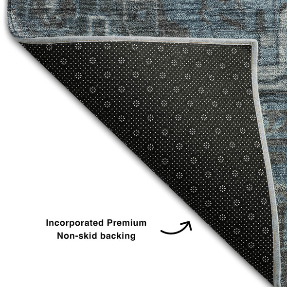 8' X 10' Navy Blue And Gray Medallion Distressed Washable Area Rug With UV Protection