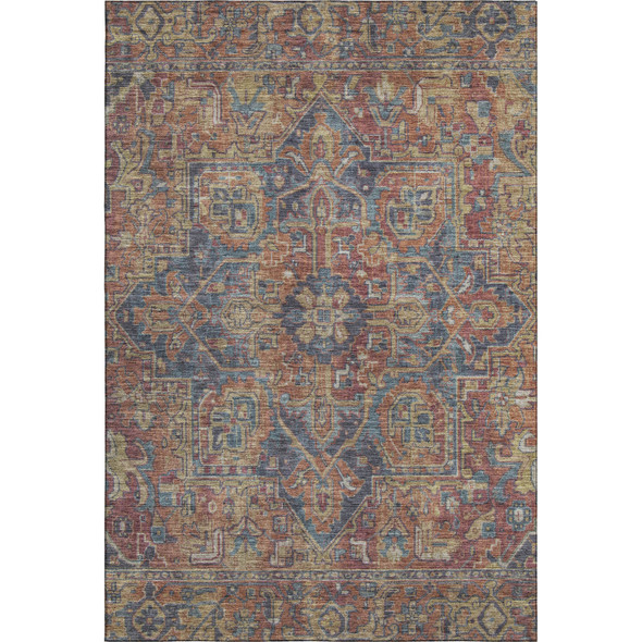 5' X 8' Red And Blue Medallion Distressed Washable Area Rug With UV Protection