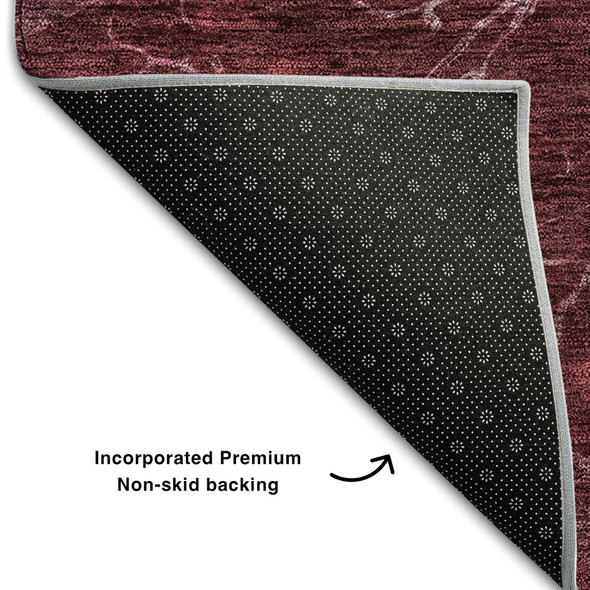 8' Merlot And Silver Abstract Washable Round Rug With UV Protection