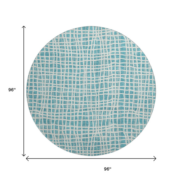 8' Teal And Ivory Striped Washable Round Rug With UV Protection