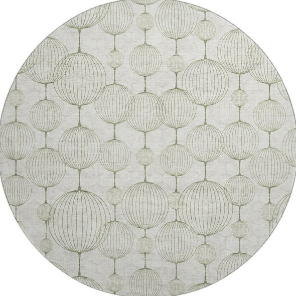 8' Green And Beige Geometric Washable Round Rug With UV Protection