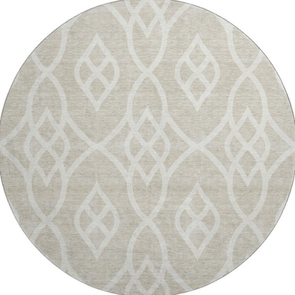 8' Beige And Ivory Trellis Washable Round Rug With UV Protection