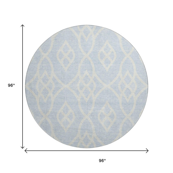 8' Sky Blue And Ivory Trellis Washable Round Rug With UV Protection