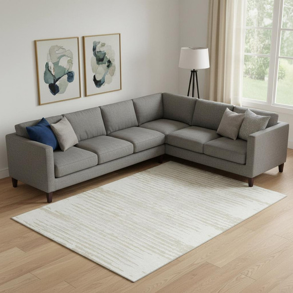 8' X 10' Ivory And Beige Striped Washable Area Rug With UV Protection