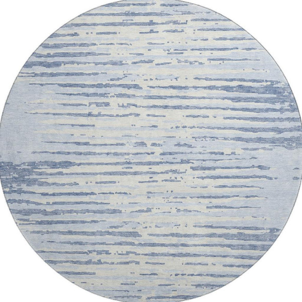 8' Sky Blue And Ivory Striped Washable Round Rug With UV Protection