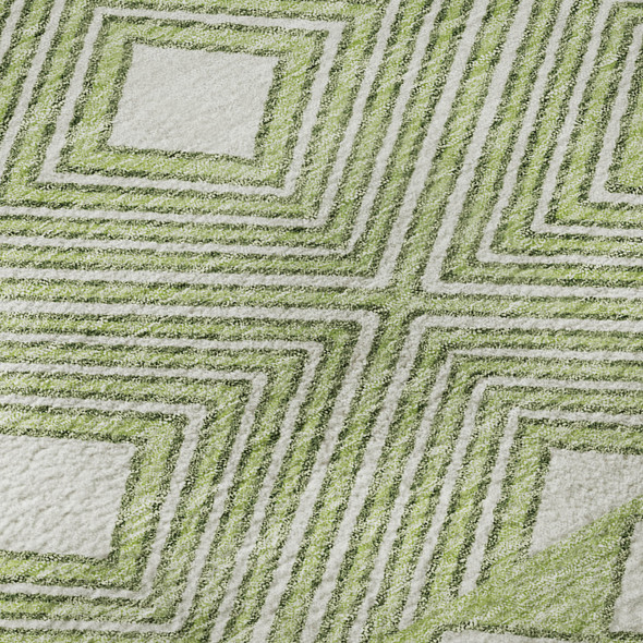 5' X 8' Artichoke Green And Ivory Geometric Washable Area Rug With UV Protection