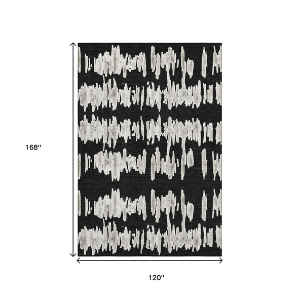 10' X 14' Black And Ivory Striped Washable Area Rug With UV Protection