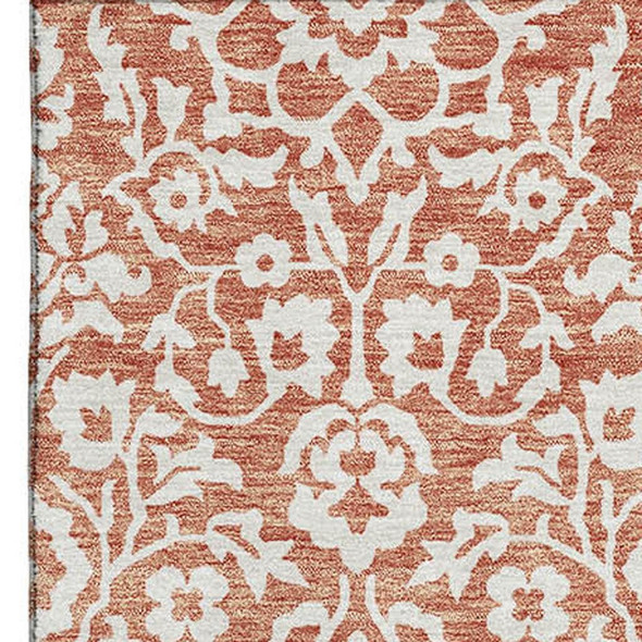 5' X 8' Coral And Beige Damask Washable Area Rug With UV Protection