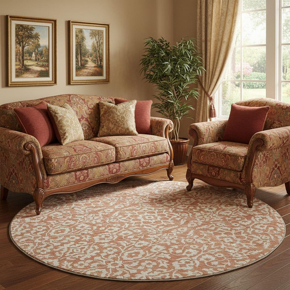 8' Coral And Beige Damask Washable Round Rug With UV Protection