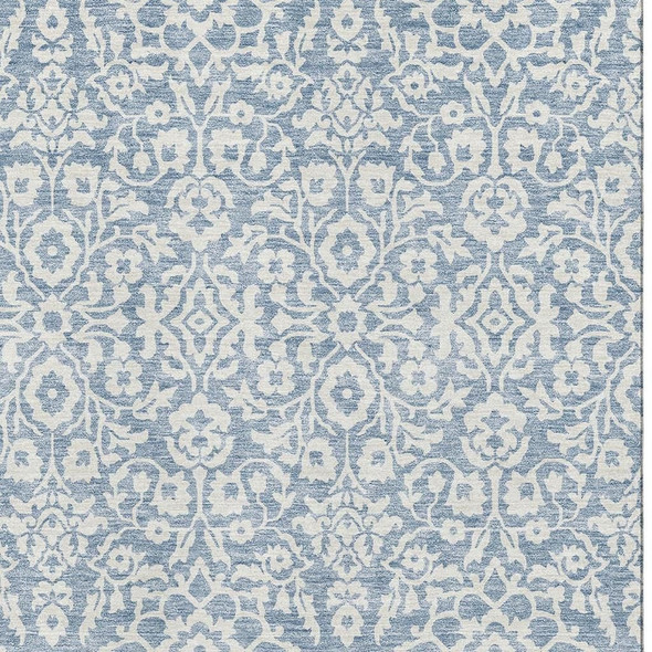 3' X 5' Denim Blue And Ivory Damask Washable Area Rug With UV Protection