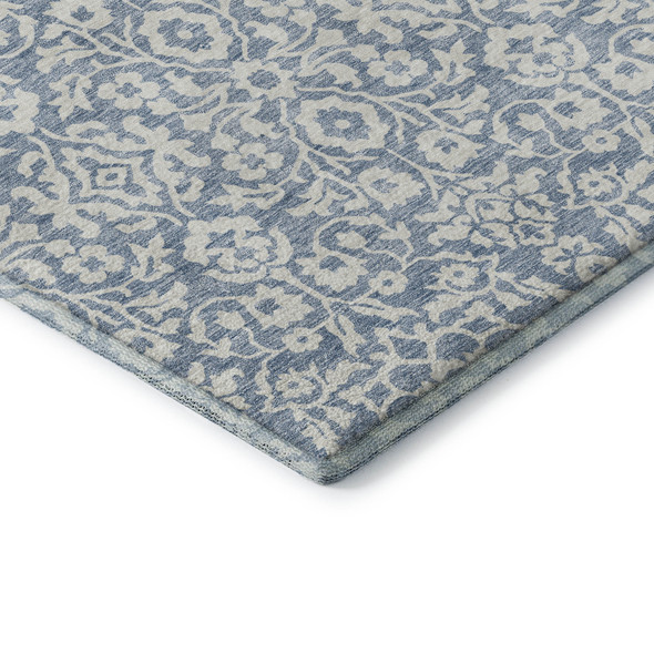 8' X 10' Denim Blue And Ivory Damask Washable Area Rug With UV Protection