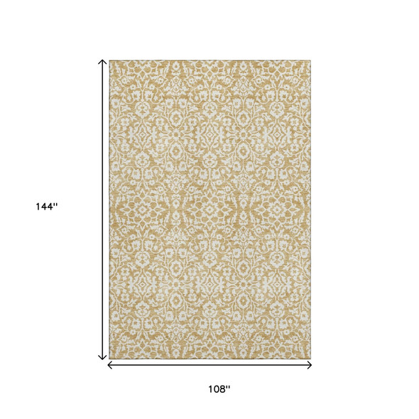 9' X 12' Gold And Ivory Damask Washable Area Rug With UV Protection