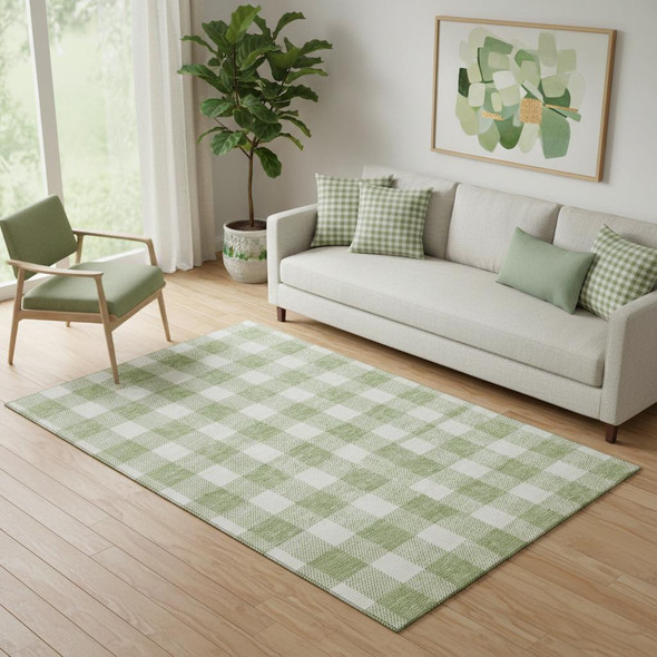 5' X 8' Artichoke Green And Ivory Plaid Washable Area Rug With UV Protection