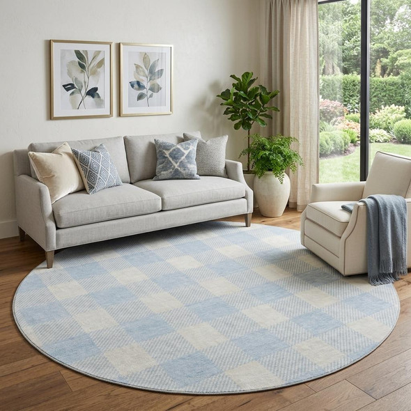 8' Sky Blue And Ivory Plaid Washable Round Rug With UV Protection