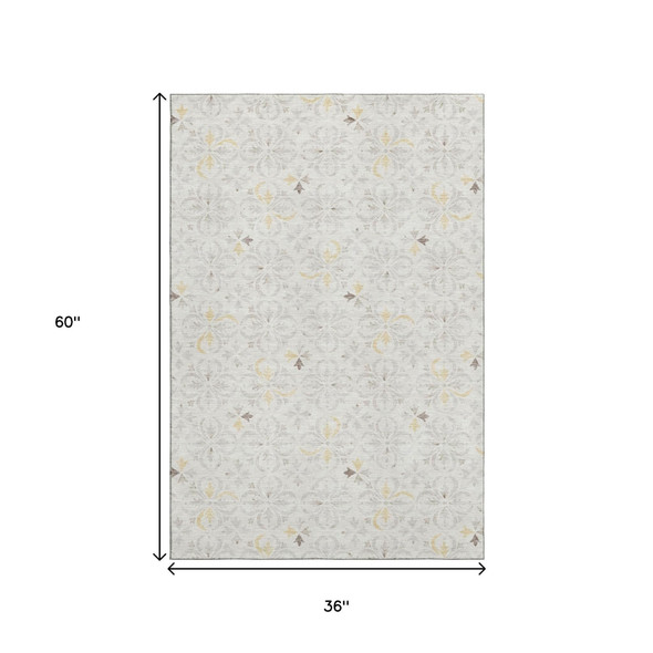 3' X 5' Ivory And Beige Floral Washable Area Rug With UV Protection