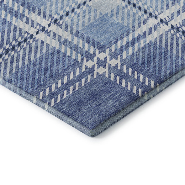 9' X 12' Denim Blue And Ivory Plaid Washable Area Rug With UV Protection