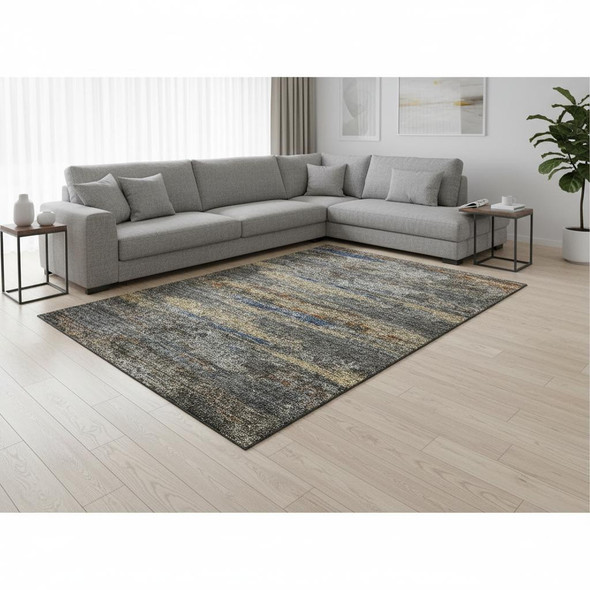 8' X 10' Graphite Gold And Blue Abstract Washable Area Rug With UV Protection