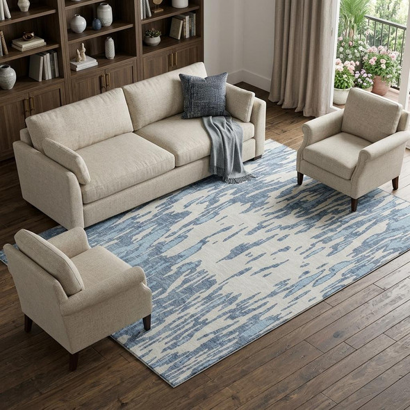 10' X 14' Denim Blue And Ivory Abstract Washable Area Rug With UV Protection