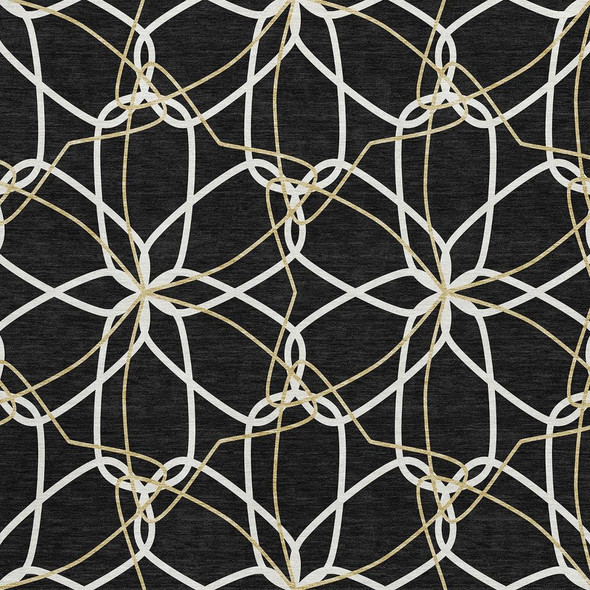 9' X 12' Black Ivory And Gold Geometric Washable Area Rug With UV Protection