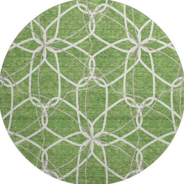 8' Green Ivory And Gray Geometric Washable Round Rug With UV Protection