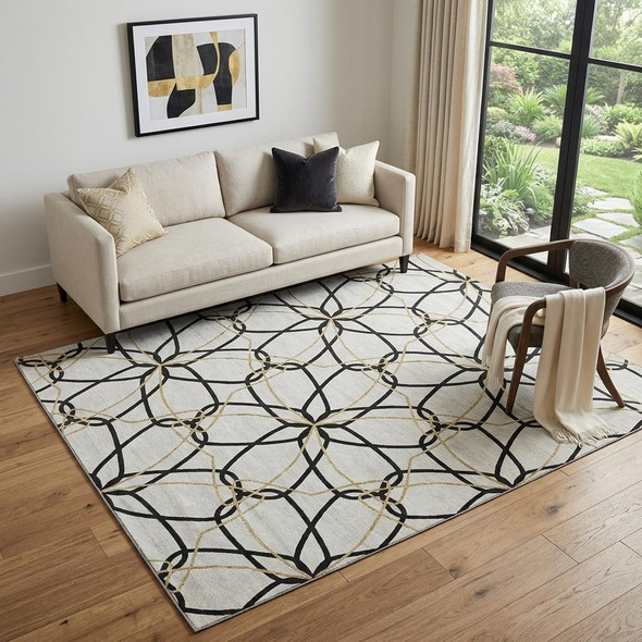 5' X 8' White Black And Gold Geometric Washable Area Rug With UV Protection