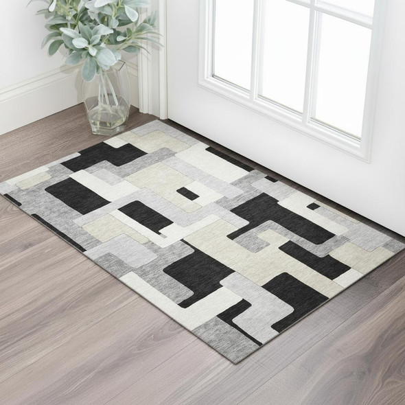 3' X 5' Black Ivory And Beige Geometric Washable Area Rug With UV Protection