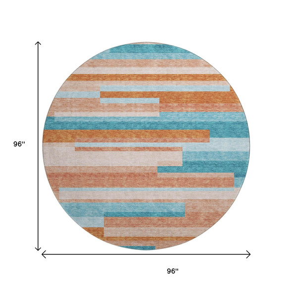 8' Orange Teal And Peach Striped Washable Round Rug With UV Protection