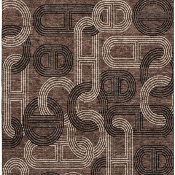 10' X 14' Chocolate Black And Beige Geometric Washable Area Rug With UV Protection