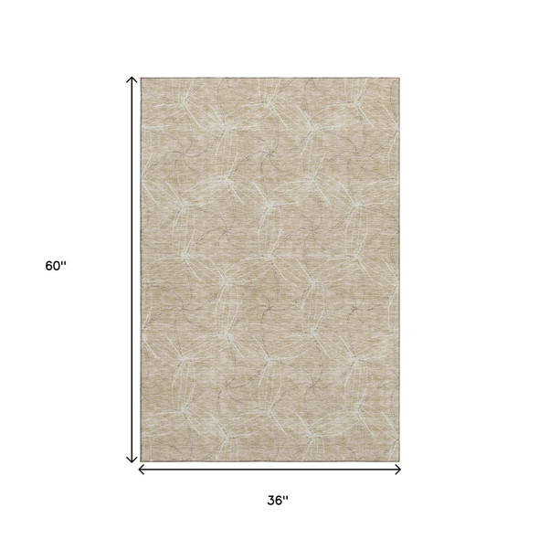 3' X 5' Beige And Ivory Geometric Washable Area Rug With UV Protection