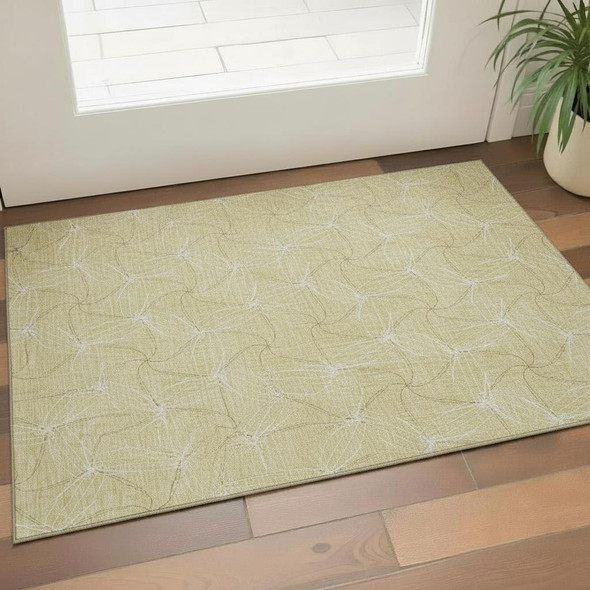 3' X 5' Wheat And Ivory Geometric Washable Area Rug With UV Protection