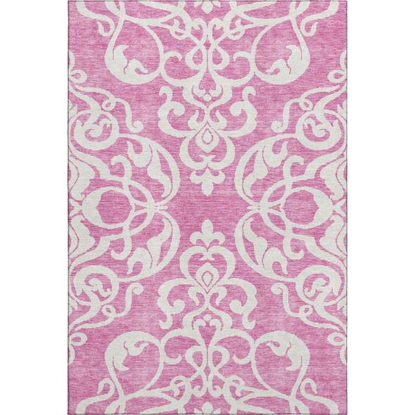 9' X 12' Blush And Ivory Damask Washable Area Rug With UV Protection