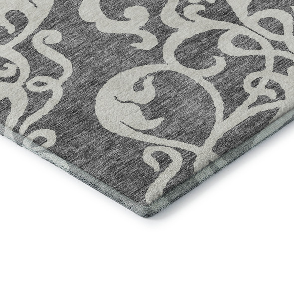 10' X 14' Gray And Ivory Damask Washable Area Rug With UV Protection