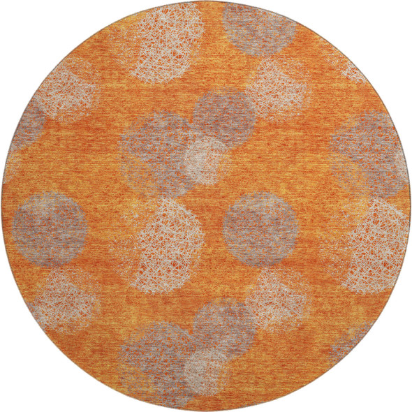 8' Orange Gray And Silver Abstract Washable Round Rug With UV Protection