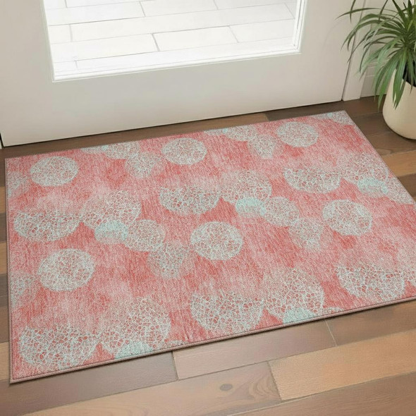 3' X 5' Salmon And Ivory Abstract Washable Area Rug With UV Protection