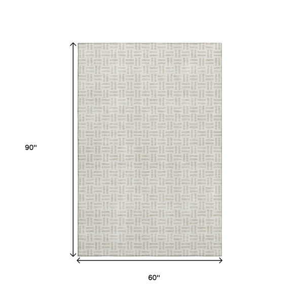 5' X 8' Ivory And Beige Geometric Washable Area Rug With UV Protection