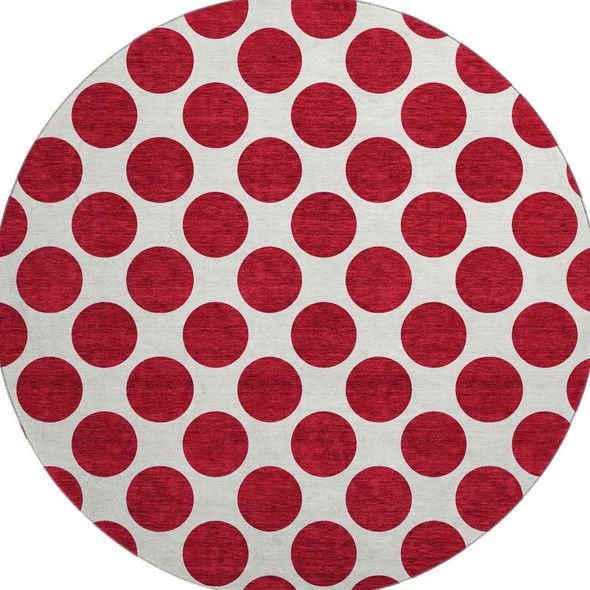 8' Red And Ivory Polka Dot Washable Round Rug With UV Protection