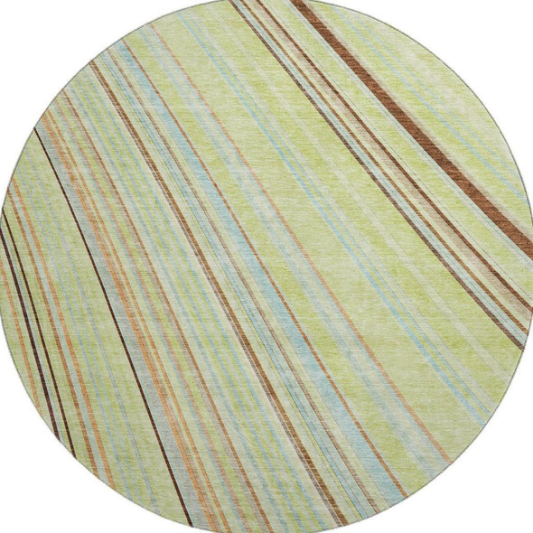 8' Artichoke Green Brown And Beige Striped Washable Round Rug With UV Protection