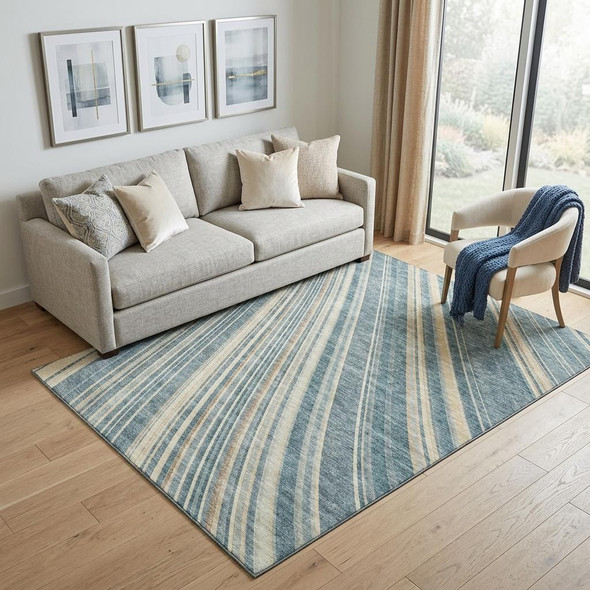 5' X 8' Sky Blue Tan And Beige Striped Washable Area Rug With UV Protection