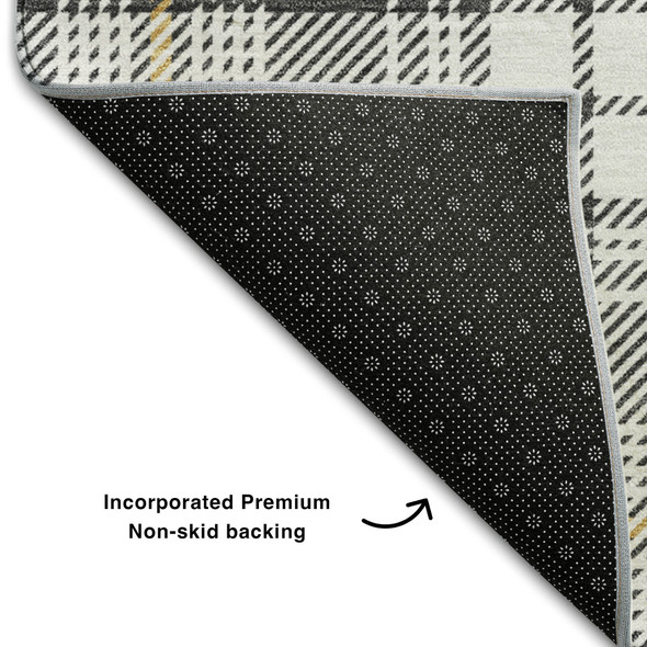 10' X 14' Charcoal Ivory And Gold Plaid Washable Area Rug With UV Protection