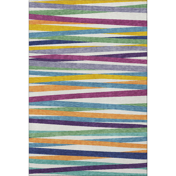 9' X 12' White Purple And Yellow Striped Washable Area Rug With UV Protection