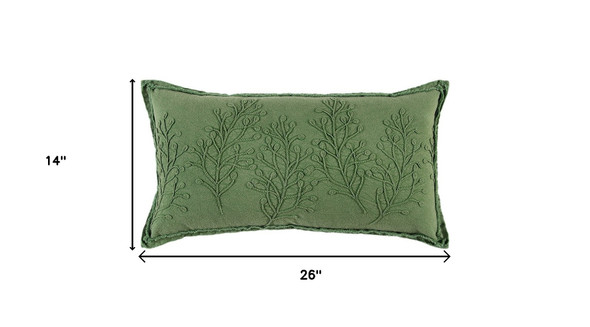 14" X 26" Green Tone on Tone Botanical Throw Pillow With Embroidery