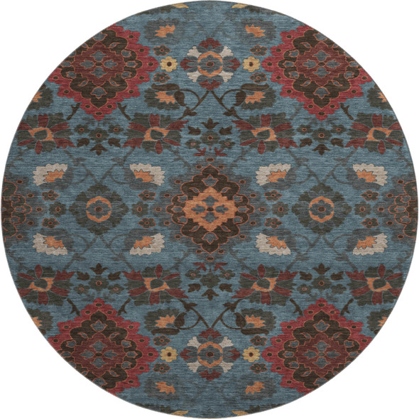 8' Denim Blue Red And Salmon Oriental Washable Round Rug With UV Protection
