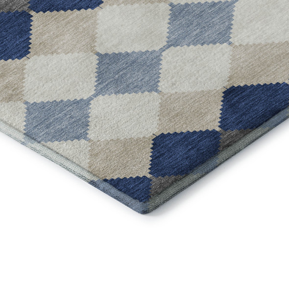 8' X 10' Navy Blue Ivory And Gray Geometric Washable Area Rug With UV Protection