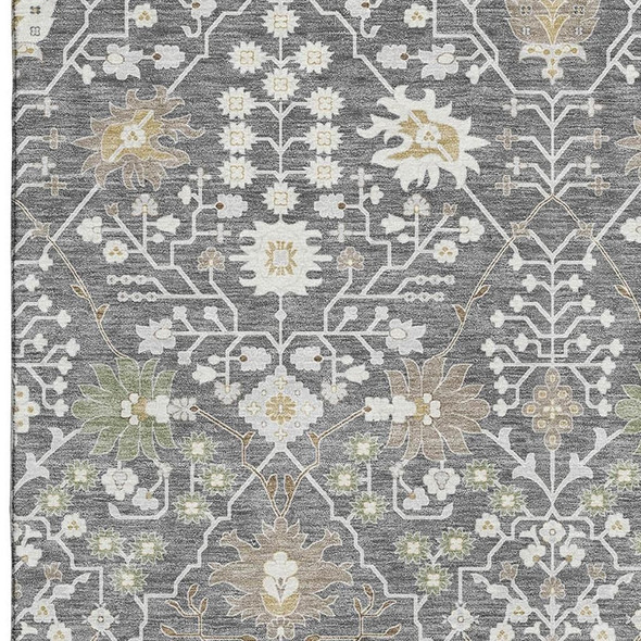 3' X 5' Charcoal Ivory And Gold Oriental Washable Area Rug With UV Protection
