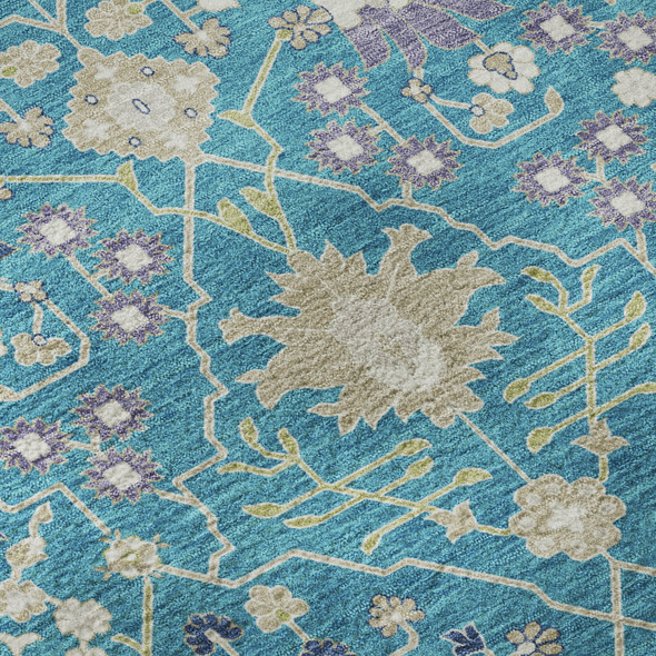 3' X 5' Teal Purple And Ivory Oriental Washable Area Rug With UV Protection